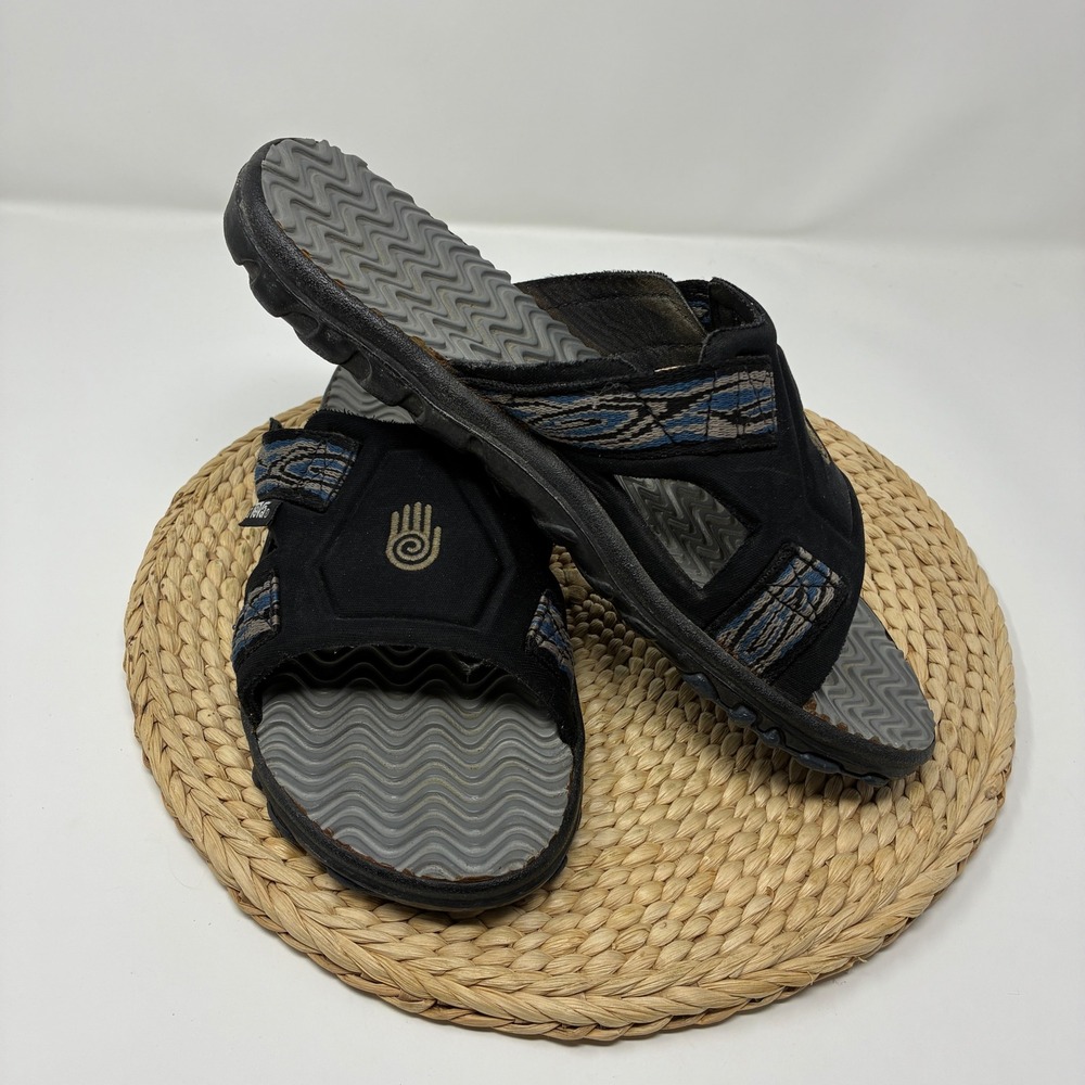 Vintage Teva Spiral Hand Logo Slides Men's 10 Black Blue Y2K Sandals